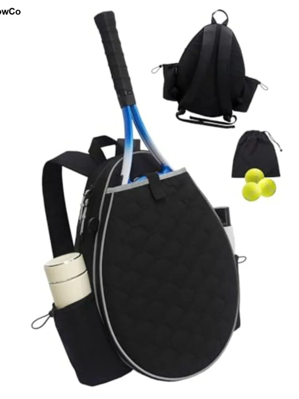 Tennis Backpack Holds 1-2 Rackets Quilted Nylon Polyester with USB Charging Port